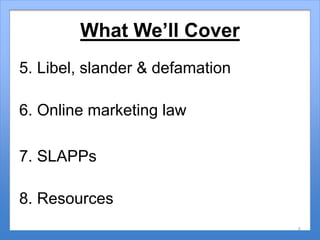 What We’ll Cover
5. Libel, slander & defamation
6. Online marketing law
7. SLAPPs
8. Resources
6
 