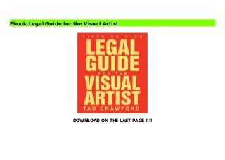 DOWNLOAD ON THE LAST PAGE !!!!
This classic guide for artists is completely revised and updated to provide an in-depth view of the legal issues facing the visual artist today and provides practical legal guidance for any visual artist involved with creative work. Among the many new topics covered in this comprehensive guide are: detailed coverage of the myriad developments in copyright (including online copyright registration procedures and use of art on the Internet); changes in laws protecting artists in artist-gallery relationships are explained in depth; scope of First Amendment protections for graffiti art and the sale of art in public spaces; detailed as well as new cases dealing with art and privacy; and a model contract for Web site design and much more. The book also covers copyrights, moral rights, contracts, licensing, sales, special risks and protections for art and artists, book publishing, video and multimedia works, leases, taxation, estate planning, museums, collecting, grants, and how to find the best professional advisers and attorneys. In addition, the book suggests basic strategies for negotiation, gives information to help with further action, contains many sample legal forms and contracts, and shows how to locate artists' groups and Volunteer Lawyers for the Arts organizations.Allworth Press, an imprint of Skyhorse Publishing, publishes a broad range of books on the visual and performing arts, with emphasis on the business of art. Our titles cover subjects such as graphic design, theater, branding, fine art, photography, interior design, writing, acting, film, how to start careers, business and legal forms, business practices, and more. While we don't aspire to publish a New York Times bestseller or a national bestseller, we are deeply committed to quality books that help creative professionals succeed and thrive. We often publish in areas overlooked by other publishers and welcome the author whose expertise can help our audience of readers. Download Legal Guide for the Visual Artist Full
Ebook Legal Guide for the Visual Artist
 