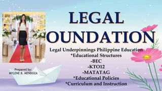 Legal Underpinnings Philippine Education
*Educational Structures
-BEC
-KTO12
-MATATAG
*Educational Policies
*Curriculum and Instruction
Prepared by:
MYLENE B. MENDOZA
 