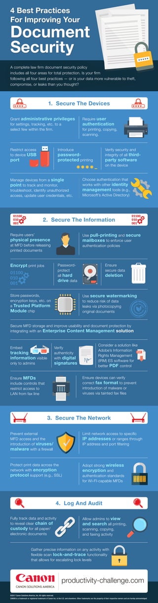 A complete law firm document security policy
includes all four areas for total protection. Is your firm
following all four best practices — or is your data more vulnerable to theft,
compromise, or leaks than you thought?
4 Best Practices
For Improving Your
Document
Security
3. Secure The Network
Limit network access to specific
IP addresses or ranges through
IP address and port filtering
Protect print data across the
network with encryption
protocol support (e.g., SSL)
Adopt strong wireless
encryption and
authentication standards
for Wi-FI-capable MFDs
Prevent external
MFD access and the
introduction of viruses/
malware with a firewall
4. Log And Audit
Allow admins to view
and search all printing,
scanning, copying,
and faxing activity
Gather precise information on any activity with
flexible scan lock-and-trace functionality
that allows for escalating lock levels
Fully track data and activity
to reveal clear chain of
custody for all paper/
electronic documents
2. Secure The Information
Use pull-printing and secure
mailboxes to enforce user
authentication policies
Encrypt print jobs Password-
protect
all hard
drive data
Ensure
secure data
deletion
Store passwords,
encryption keys, etc. on
a Trusted Platform
Module chip
Require users’
physical presence
at MFD before releasing
printed documents
Use secure watermarking
to reduce risk of data
leaks via photocopying
original documents
Embed
tracking
information visible
only to admins
Verify
authenticity
with digital
signatures
Ensure devices can verify
correct fax format to prevent
introduction of malware or
viruses via tainted fax files
Ensure MFDs
include controls that
restrict access to
LAN from fax line
Secure MFD storage and improve usability and document protection by
integrating with an Enterprise Content Management solution
Consider a solution like
Adobe’s Information
Rights Management
(IRM) ES software for
better PDF control
1. Secure The Devices
Require user
authentication
for printing, copying,
scanning.
Restrict access
to device USB
port
Introduce
password-
protected printing
Verify security and
integrity of all third-
party software
on the device
Choose authentication that
works with other identity
management tools (e.g.,
Microsoft’s Active Directory)
Grant administrative privileges
for settings, tracking, etc. to a
select few within the firm.
Manage devices from a single
point to track and monitor,
troubleshoot, identify unauthorized
access, update user credentials, etc.
©2017 Canon Solutions America, Inc. All rights reserved.
CANON is a trademark or registered trademark of Canon Inc. in the U.S. and elsewhere. Other trademarks are the property of their respective owners and are hereby acknowledged.
 