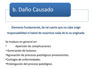 Elemento fundamental, de tal suerte que no cabe exigirElemento fundamental, de tal suerte que no cabe exigir
responsabilidad ni habrá de resarcirse nada de lo no originado.responsabilidad ni habrá de resarcirse nada de lo no originado.
Se traduce en general en:
• Aparición de complicaciones
• Generación de lesiones
•Agravación de procesos patológicos preexistentes
•Contagio de enfermedades
•Prolongación del proceso patológico.
 