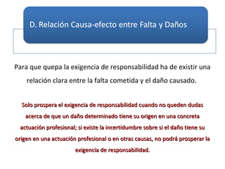 Para que quepa la exigencia de responsabilidad ha de existir una
relación clara entre la falta cometida y el daño causado.
Solo prospera el exigencia de responsabilidad cuando no queden dudasSolo prospera el exigencia de responsabilidad cuando no queden dudas
acerca de que un daño determinado tiene su origen en una concretaacerca de que un daño determinado tiene su origen en una concreta
actuación profesional; si existe la incertidumbre sobre si el daño tiene suactuación profesional; si existe la incertidumbre sobre si el daño tiene su
origen en una actuación profesional o en otras causas, no podrá prosperar laorigen en una actuación profesional o en otras causas, no podrá prosperar la
exigencia de responsabilidad.exigencia de responsabilidad.
 