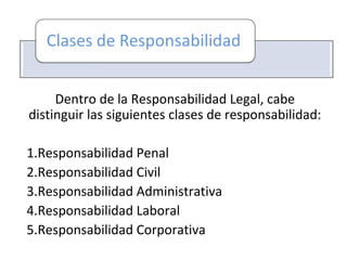 Dentro de la Responsabilidad Legal, cabe
distinguir las siguientes clases de responsabilidad:
1.Responsabilidad Penal
2.Responsabilidad Civil
3.Responsabilidad Administrativa
4.Responsabilidad Laboral
5.Responsabilidad Corporativa
 