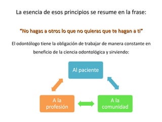 La esencia de esos principios se resume en la frase:
““No hagas a otros lo que no quieras que te hagan a ti”No hagas a otros lo que no quieras que te hagan a ti”
El odontólogo tiene la obligación de trabajar de manera constante en
beneficio de la ciencia odontológica y sirviendo:
 