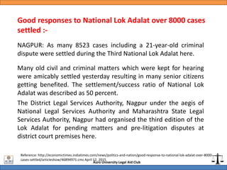 Auro University Legal Aid Club
Good responses to National Lok Adalat over 8000 cases
settled :-
NAGPUR: As many 8523 cases...