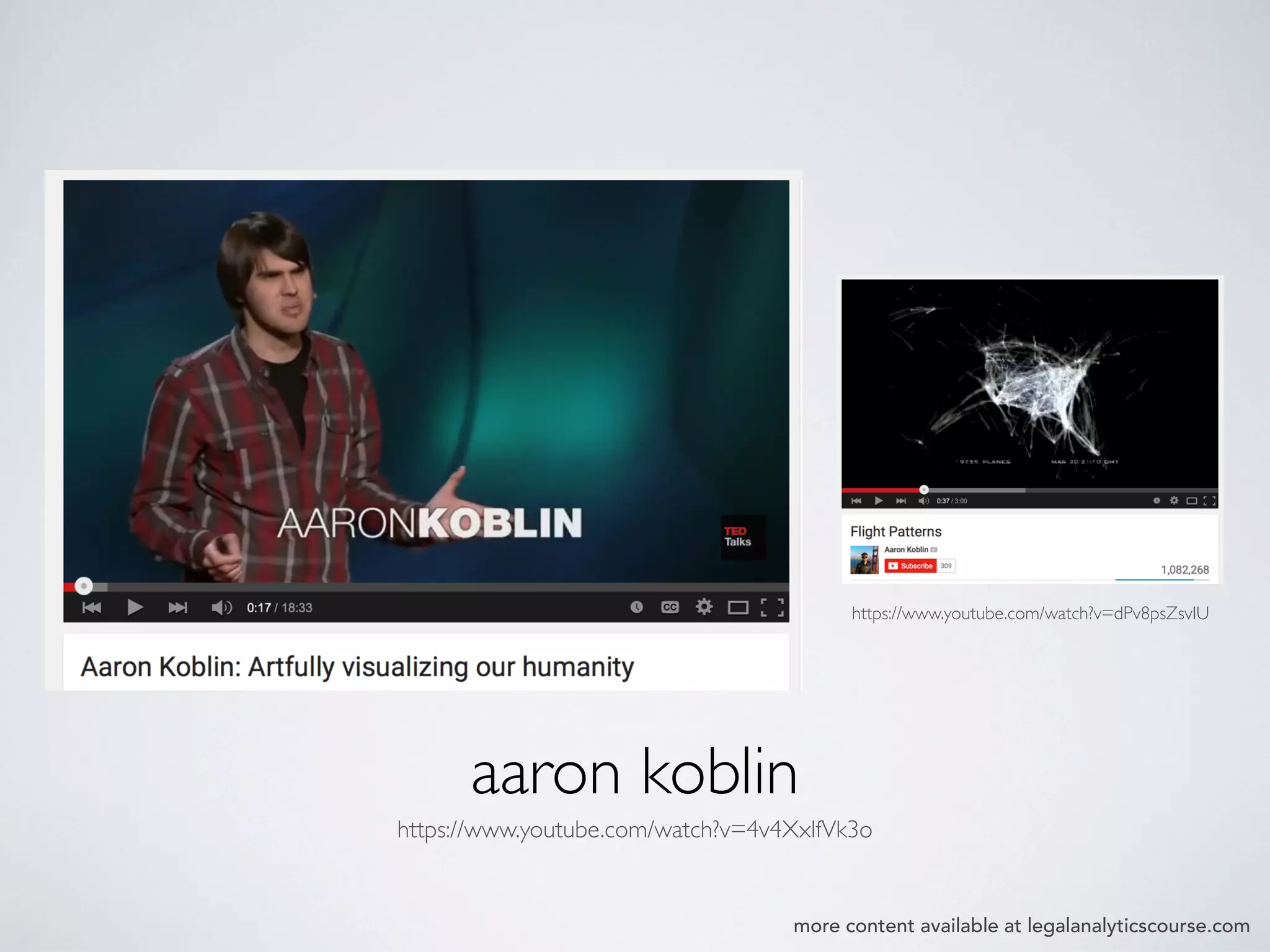 aaron koblin
https://www.youtube.com/watch?v=4v4XxlfVk3o
https://www.youtube.com/watch?v=dPv8psZsvIU
more content available at legalanalyticscourse.com
 