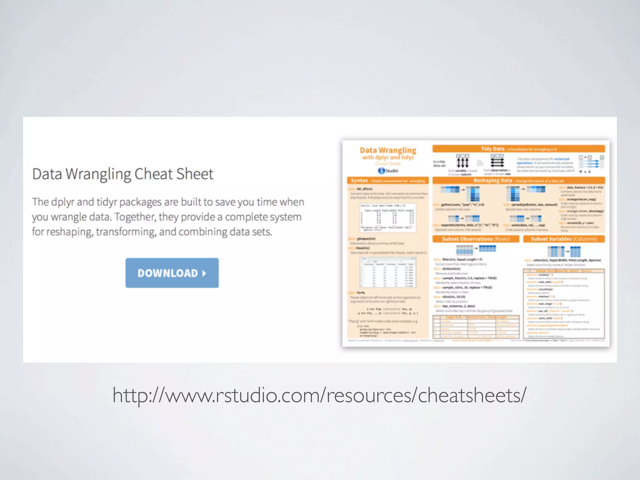 http://www.rstudio.com/resources/cheatsheets/
 