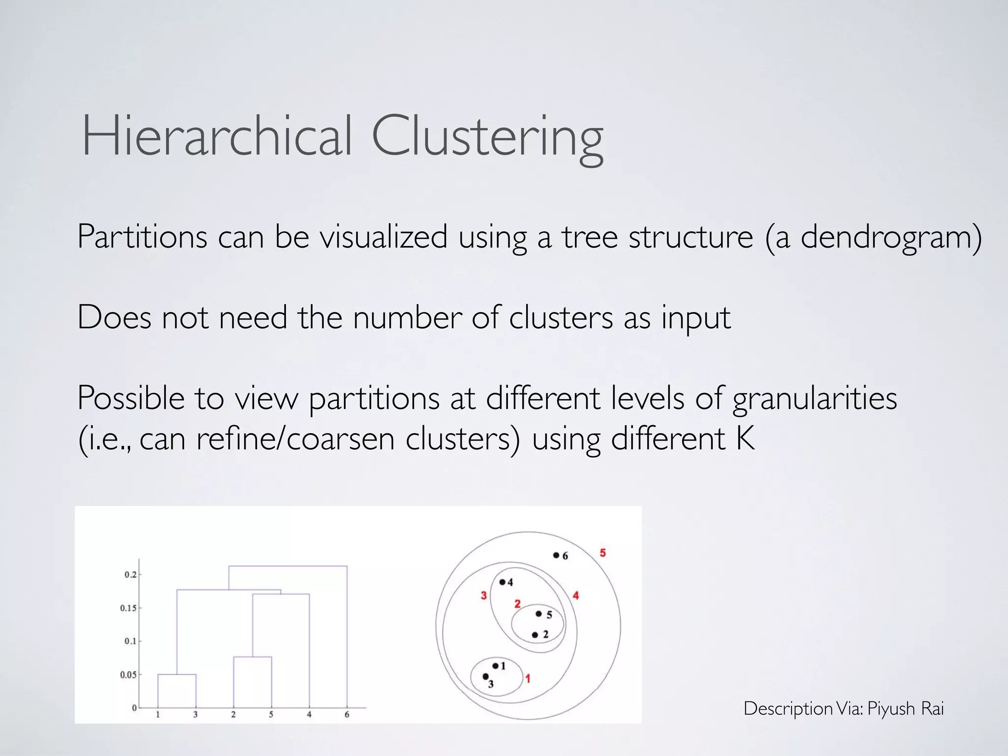 Hierarchical Clustering
Partitions can be visualized using a tree structure (a dendrogram)
Does not need the number of clusters as input
Possible to view partitions at different levels of granularities
(i.e., can reﬁne/coarsen clusters) using different K
DescriptionVia: Piyush Rai
 
