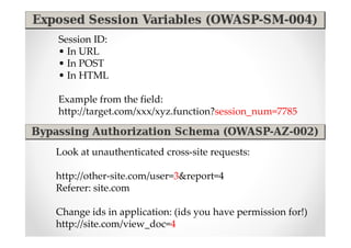 Session ID:
• In URL
• In POST
• In HTML

Example from the field:
http://target.com/xxx/xyz.function?session_num=7785



Look at unauthenticated cross-site requests:

http://other-site.com/user=3&report=4
Referer: site.com

Change ids in application: (ids you have permission for!)
http://site.com/view_doc=4
 