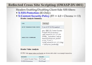Headers Enabling/Disabling Client-Side XSS filters:
• X-XSS-Protection (IE-Only)
• X-Content-Security-Policy (FF >= 4.0 + Chrome >= 13)
 