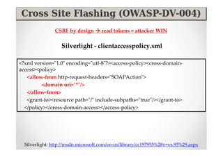 CSRF by design        read tokens = attacker WIN

                  Silverlight - clientaccesspolicy.xml

<?xml version="1.0" encoding="utf-8"?><access-policy><cross-domain-
access><policy>
   <allow-from http-request-headers="SOAPAction">
         <domain uri="*"/>
   </allow-from>
   <grant-to><resource path="/" include-subpaths="true"/></grant-to>
  </policy></cross-domain-access></access-policy>




  Silverlight: http://msdn.microsoft.com/en-us/library/cc197955%28v=vs.95%29.aspx
 