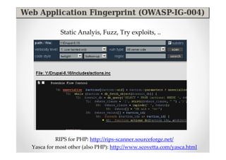 Static Analyis, Fuzz, Try exploits, ..




          RIPS for PHP: http://rips-scanner.sourceforge.net/
Yasca for most other (also PHP): http://www.scovetta.com/yasca.html
 