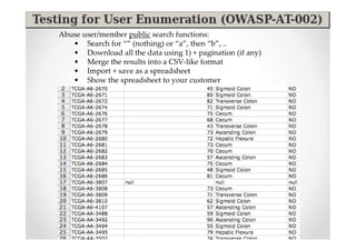 Abuse user/member public search functions:
   • Search for “” (nothing) or “a”, then “b”, ..
   • Download all the data using 1) + pagination (if any)
   • Merge the results into a CSV-like format
   • Import + save as a spreadsheet
   • Show the spreadsheet to your customer
 