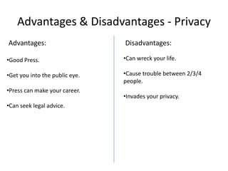 Advantages & Disadvantages - Privacy
Advantages:

Disadvantages:

•Good Press.

•Can wreck your life.

•Get you into the public eye.

•Cause trouble between 2/3/4
people.

•Press can make your career.

•Can seek legal advice.

•Invades your privacy.

 