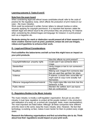 Learning outcome 2: Tasks D and E
Note from the exam board
When considering legal and ethical issues candidates should refer to the code of
practice for the regulatory body, which affects the production of print media (in our
case – the music industry).
Work could be evidenced in written format, letters to relevant bodies or online
requests applying for copyright permission. It is important that learners relate the
relevant legal and ethical issue to the print product they are producing, for instance
when considering the photos/images and language for inclusion in a print product
such as a magazine etc.
Students aiming for merit or distinction would present all of their research in a
more creative manner such as prezi, powtoom, emaze etc and use images,
videos and hyperlinks to enhance their work.
D - Legal and Ethical Considerations
Find out/define the below terms and tell us how this might have an impact on
your print products.
How this effects my print product?
Copyright/intellectual property rights Could sued if use someone else’s
image
Slander/libel Using images or text to ruin someone’s
reputation
Royalties Making sure images from someone else
that are used they get their fair share
Violence If violence is shown then some little kid
might want to copy it and actually hurt
themselves
Offensive language/behaviour/material This might make little kids think that this
behaviour is fine
Public interest Maintain the welfare don’t use topics
that are controversial
E - Regulatory Bodies in the Music Industry
The music industry is mostly a self-regulated organisation. But just as any other
industry it must have regulators to protect all the people involved in the production
and realisation of a song, cd, a concert etc (copyright, trade, music representation).
The most important are listed below. Although all these companies have different
aims the vision is the same, keep the music industry alive. However, the fact that
technology is evolving so fast, makes it even harder for them to protect every single
detail.
Research the following organisations and find out what they aim to do. Think
about how their regulations would impact on your print work.
 