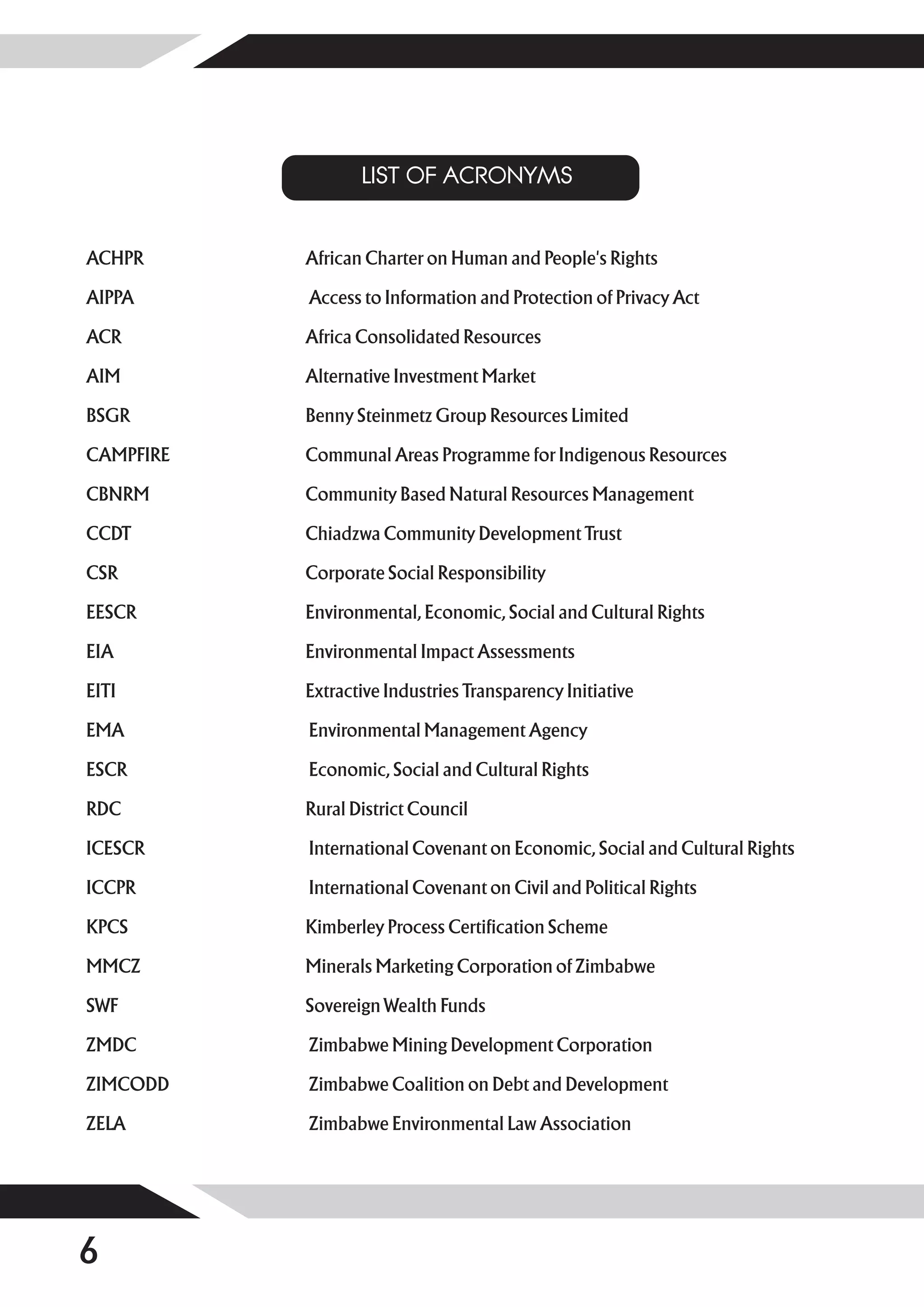 LIST OF ACRONYMS


ACHPR      African Charter on Human and People's Rights

AIPPA      Access to Information and Protection of Privacy Act

ACR        Africa Consolidated Resources

AIM        Alternative Investment Market

BSGR       Benny Steinmetz Group Resources Limited

CAMPFIRE   Communal Areas Programme for Indigenous Resources

CBNRM      Community Based Natural Resources Management

CCDT       Chiadzwa Community Development Trust

CSR        Corporate Social Responsibility

EESCR      Environmental, Economic, Social and Cultural Rights

EIA        Environmental Impact Assessments

EITI       Extractive Industries Transparency Initiative

EMA        Environmental Management Agency

ESCR       Economic, Social and Cultural Rights

RDC        Rural District Council

ICESCR     International Covenant on Economic, Social and Cultural Rights

ICCPR      International Covenant on Civil and Political Rights

KPCS       Kimberley Process Certification Scheme

MMCZ       Minerals Marketing Corporation of Zimbabwe

SWF        Sovereign Wealth Funds

ZMDC       Zimbabwe Mining Development Corporation

ZIMCODD    Zimbabwe Coalition on Debt and Development

ZELA       Zimbabwe Environmental Law Association




6
 