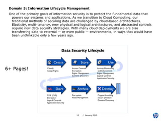 Domain 5: Information Lifecycle Management One of the primary goals of information security is to protect the fundamental data that powers our systems and applications. As we transition to Cloud Computing, our traditional methods of securing data are challenged by cloud-based architectures. Elasticity, multi-tenancy, new physical and logical architectures, and abstracted controls require new data security strategies. With many cloud deployments we are also transferring data to external — or even public — environments, in ways that would have been unthinkable only a few years ago. 6+ Pages! 