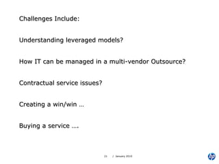 Challenges Include: Understanding leveraged models? How IT can be managed in a multi-vendor Outsource? Contractual service issues? Creating a win/win … Buying a service …. 