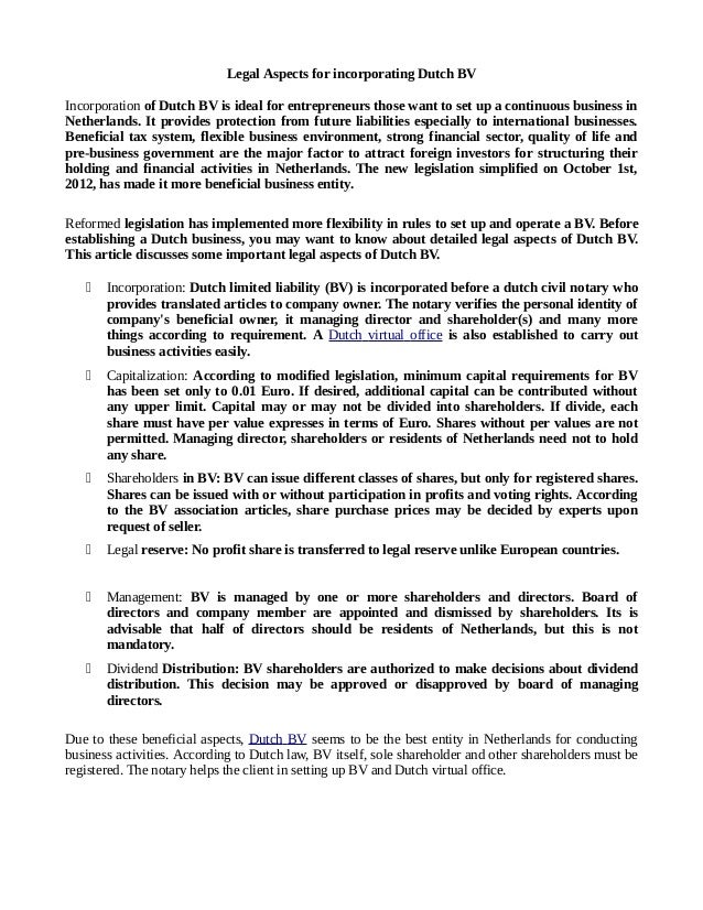 Legal aspects for incorporating dutch bv