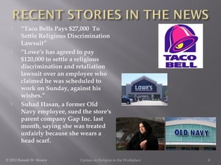 





“Taco Bells Pays $27,000 To
Settle Religious Discrimination
Lawsuit”
“Lowe’s has agreed to pay
$120,000 to settle...