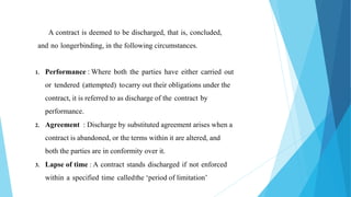 A contract is deemed to be discharged, that is, concluded,
and no longerbinding, in the following circumstances.
1. Performance : Where both the parties have either carried out
or tendered (attempted) tocarry out their obligations under the
contract, it is referred to as discharge of the contract by
performance.
2. Agreement : Discharge by substituted agreement arises when a
contract is abandoned, or the terms within it are altered, and
both the parties are in conformity over it.
3. Lapse of time : A contract stands discharged if not enforced
within a specified time calledthe ‘period of limitation’
 