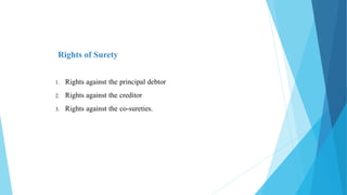 Rights of Surety
1. Rights against the principal debtor
2. Rights against the creditor
3. Rights against the co-sureties.
 