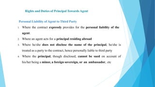 Rights and Duties of Principal Towards Agent
Personal Liability of Agent to Third Party
1. Where the contract expressly provides for the personal liability of the
agent.
2. Where an agent acts for a principal residing abroad
3. Where he/she does not disclose the name of the principal, he/she is
treated as a party to the contract, hence personally liable to third party
4. Where the principal, though disclosed, cannot be sued on account of
his/her being a minor, a foreign sovereign, or an ambassador, etc
 
