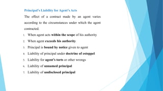 Principal’s Liability for Agent’s Acts
The effect of a contract made by an agent varies
according to the circumstances under which the agent
contracted.
1. When agent acts within the scope of his authority
2. When agent exceeds his authority
3. Principal is bound by notice given to agent
4. Liability of principal under doctrine of estoppel
5. Liability for agent’s torts or other wrongs
6. Liability of unnamed principal
7. Liability of undisclosed principal
 
