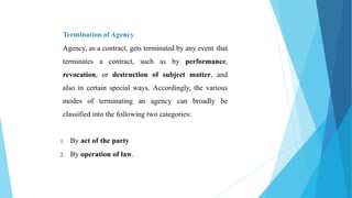 Termination of Agency
Agency, as a contract, gets terminated by any event that
terminates a contract, such as by performance,
revocation, or destruction of subject matter, and
also in certain special ways. Accordingly, the various
modes of terminating an agency can broadly be
classified into the following two categories:
1. By act of the party
2. By operation of law.
 