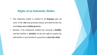 Rights of an Indemnity Holder
• The indemnity holder is entitled to all damages plus all
costs of the suit and promised mo...