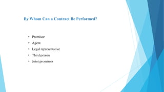 By Whom Can a Contract Be Performed?
• Promisor
• Agent
• Legal representative
• Third person
• Joint promisors
 
