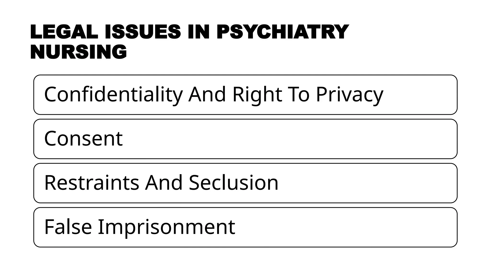 LEGAL ISSUES IN PSYCHIATRY
NURSING
Confidentiality And Right To Privacy
Consent
Restraints And Seclusion
False Imprisonment
 