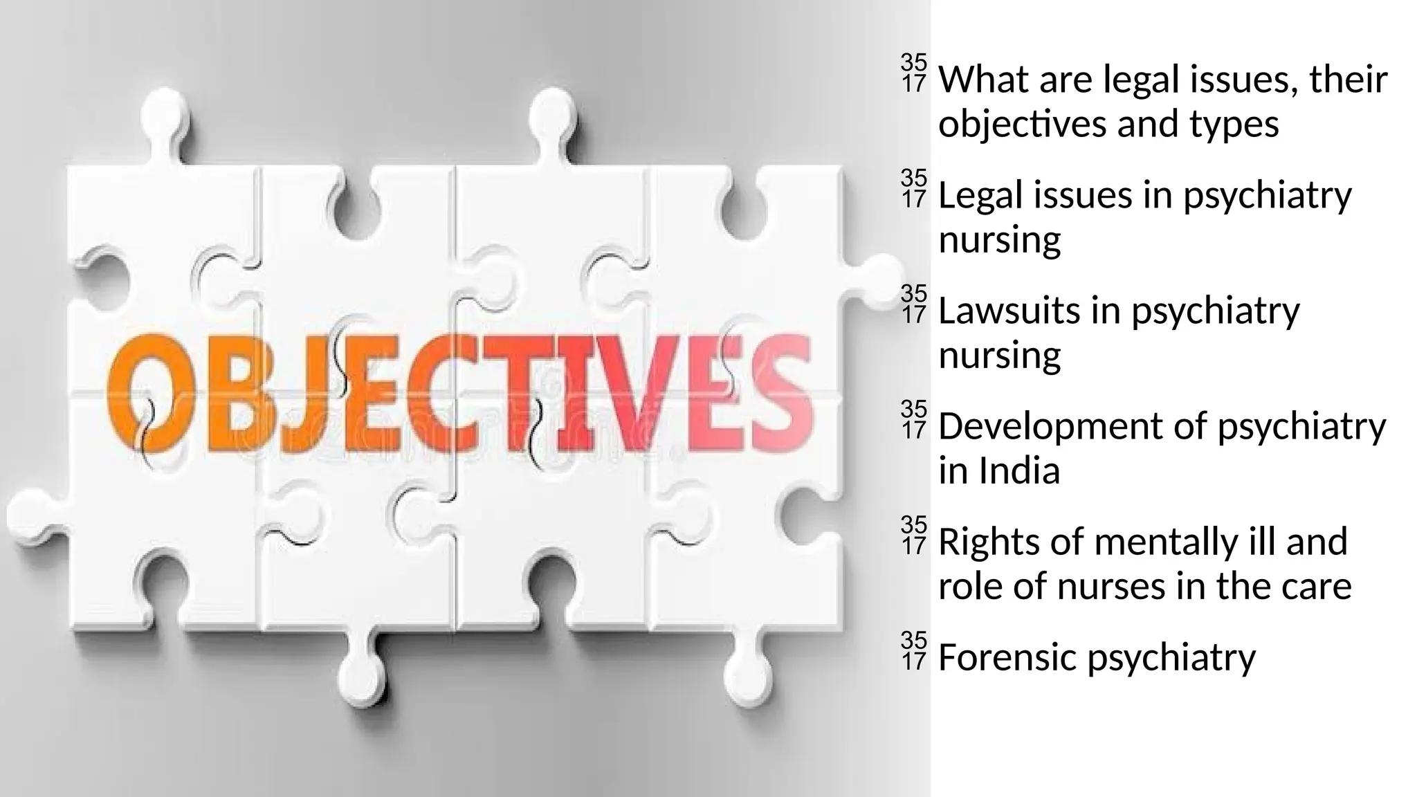 What are legal issues, their
objectives and types
 Legal issues in psychiatry
nursing
 Lawsuits in psychiatry
nursing
 Development of psychiatry
in India
 Rights of mentally ill and
role of nurses in the care
 Forensic psychiatry
 