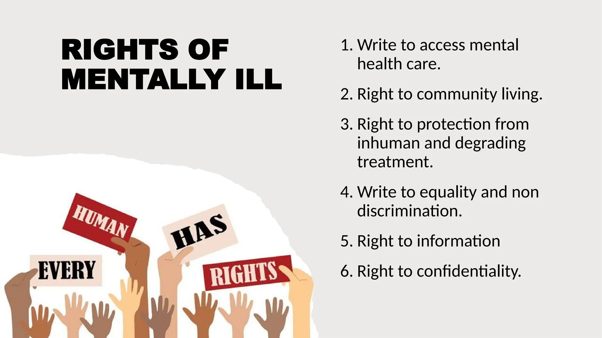 RIGHTS OF
MENTALLY ILL
1. Write to access mental
health care.
2. Right to community living.
3. Right to protection from
inhuman and degrading
treatment.
4. Write to equality and non
discrimination.
5. Right to information
6. Right to confidentiality.
 