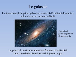 Le galassie
La formazione delle prime galassie avvenne 14-10 miliardi di anni fa e
                 nell’universo ne esistono miliardi.




                                                        Esempio di
                                                        galassia: galassia
                                                        di Andromeda




      La galassia è un sistema autonomo formato da miliardi di
          stelle con relativi pianeti e satelliti, polveri e gas.
 