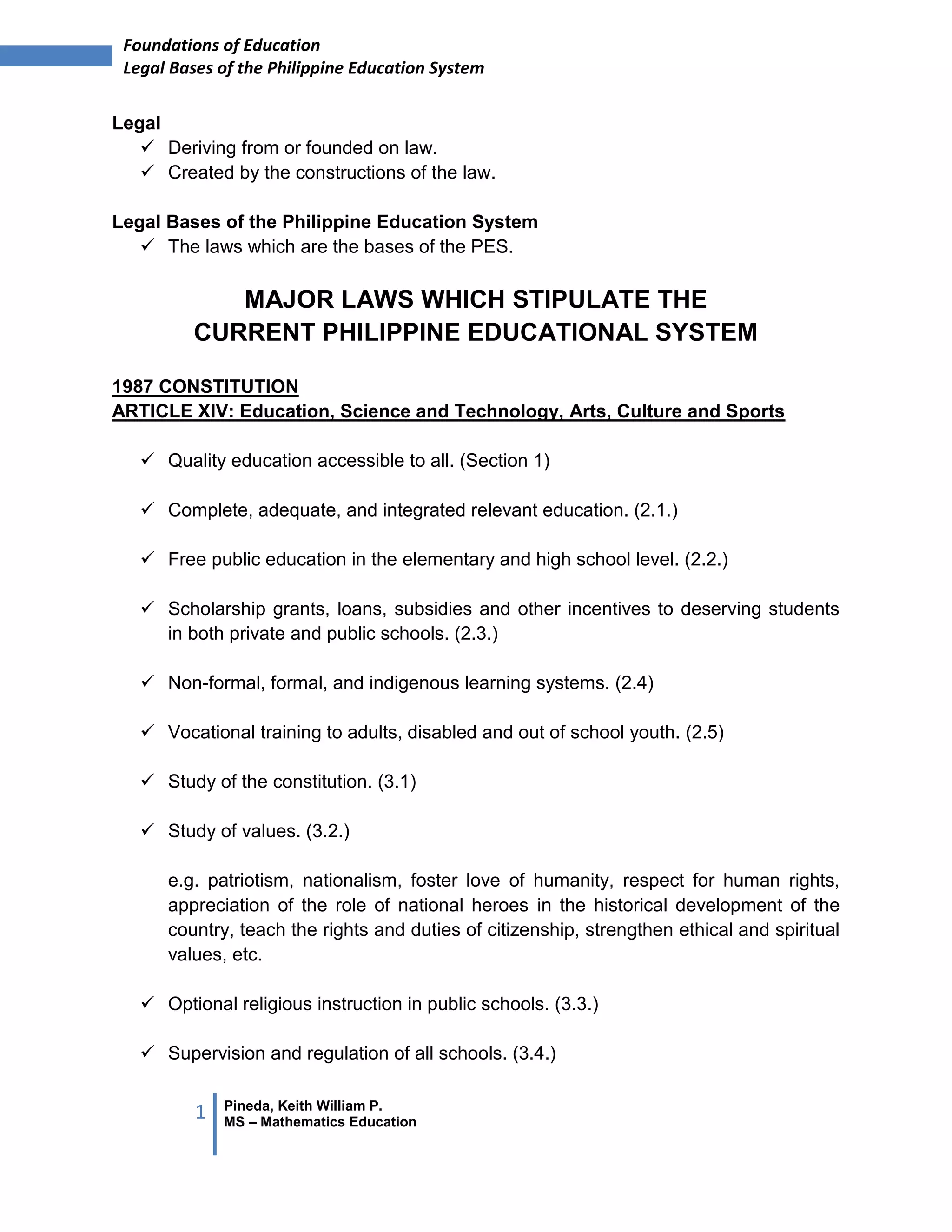 Legal bases of the education system | DOCX