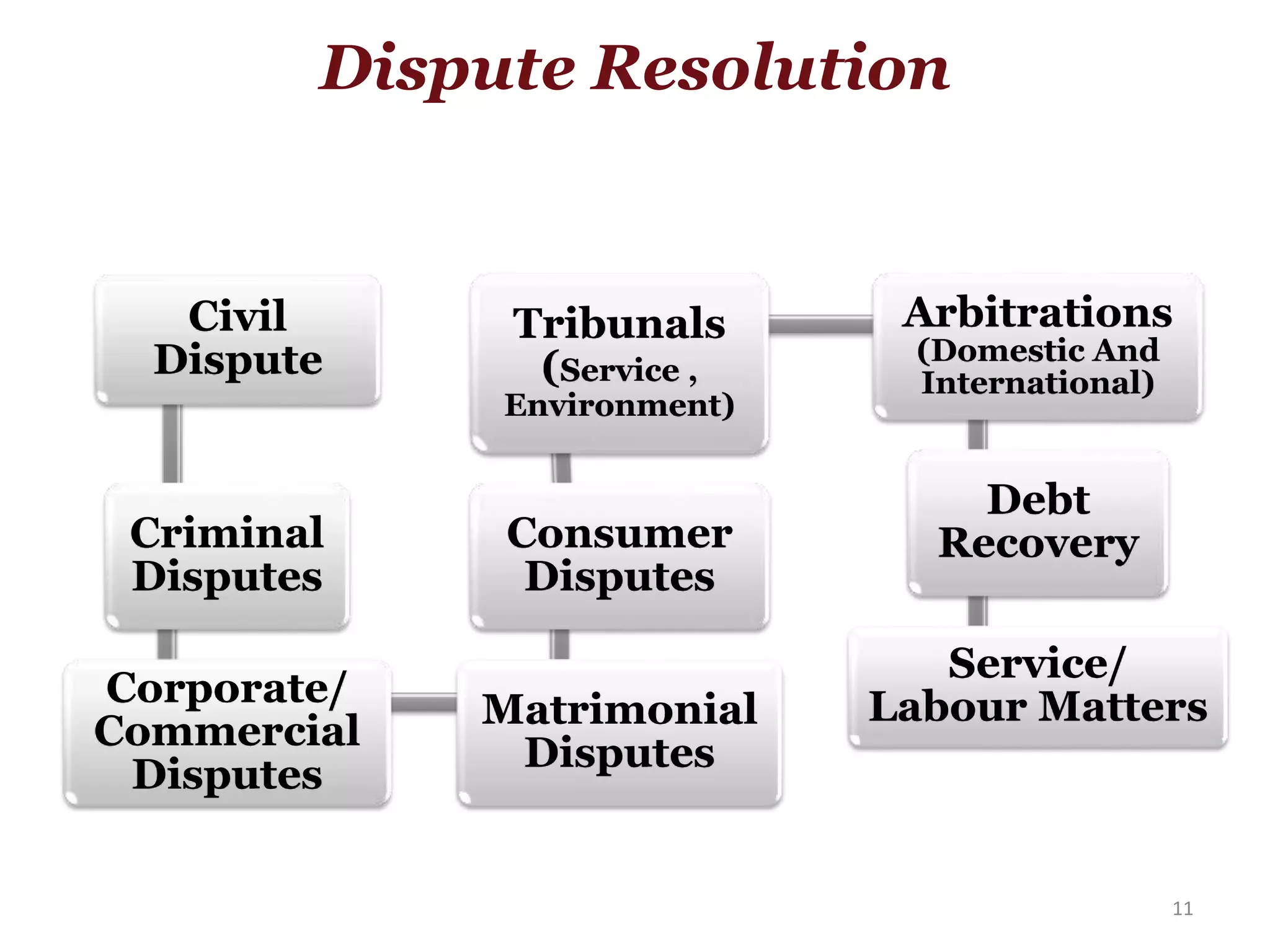 Civil
Dispute
Criminal
Disputes
Corporate/
Commercial
Disputes
Matrimonial
Disputes
Consumer
Disputes
Tribunals
(Service ,
Environment)
Arbitrations
(Domestic And
International)
Debt
Recovery
Service/
Labour Matters
11
Dispute Resolution
 