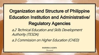 a.2 Technical Education and Skills Development
Authority (TESDA)
a.3 Commission on Higher Education (CHED)
RHODORAS. ACOSTA
Discussant
 