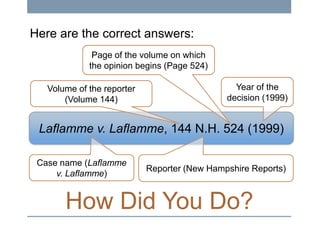 Here are the correct answers:
Page of the volume on which
the opinion begins (Page 524)
Volume of the reporter
(Volume 144)

Year of the
decision (1999)

Laflamme v. Laflamme, 144 N.H. 524 (1999)
Case name (Laflamme
v. Laflamme)

Reporter (New Hampshire Reports)

How Did You Do?

 