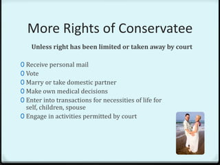 More Rights of Conservatee
    Unless right has been limited or taken away by court

0 Receive personal mail
0 Vote
0 Marry or take domestic partner
0 Make own medical decisions
0 Enter into transactions for necessities of life for
  self, children, spouse
0 Engage in activities permitted by court
 