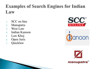 1. SCC on line
2. Manupatra
3. West Law
4. Indian Kanoon
5. Law Khoj
6. Open Juris
7. Quicklaw
 