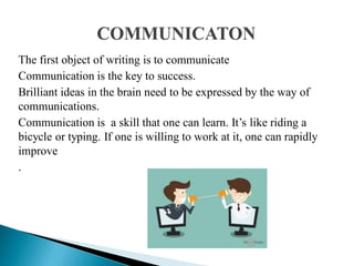 The first object of writing is to communicate
Communication is the key to success.
Brilliant ideas in the brain need to be expressed by the way of
communications.
Communication is a skill that one can learn. It‟s like riding a
bicycle or typing. If one is willing to work at it, one can rapidly
improve
.
 