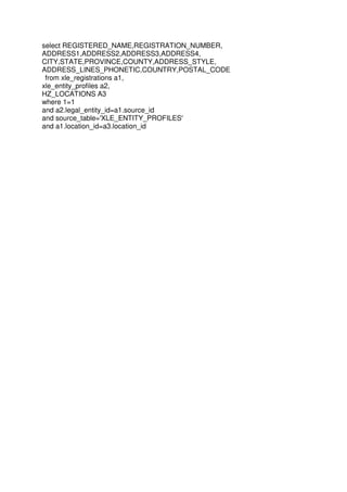 select REGISTERED_NAME,REGISTRATION_NUMBER,
ADDRESS1,ADDRESS2,ADDRESS3,ADDRESS4,
CITY,STATE,PROVINCE,COUNTY,ADDRESS_STYLE,
ADDRESS_LINES_PHONETIC,COUNTRY,POSTAL_CODE
from xle_registrations a1,
xle_entity_profiles a2,
HZ_LOCATIONS A3
where 1=1
and a2.legal_entity_id=a1.source_id
and source_table='XLE_ENTITY_PROFILES'
and a1.location_id=a3.location_id
 