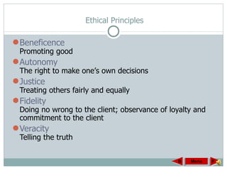 Ethical Principles Beneficence Promoting good Autonomy The right to make one ’ s own decisions Justice Treating others fairly and equally Fidelity Doing no wrong to the client; observance of loyalty and commitment to the client Veracity Telling the truth Menu F B 