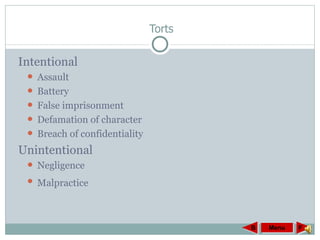 Torts Intentional Assault Battery False imprisonment Defamation of character Breach of confidentiality Unintentional Negligence Malpractice  Menu F B 
