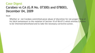 Case Digest
Carabeo vs CA (G.R No. 07300) and 078003,
December 04, 2009
Issue
Whether or not Carabeo committed grave abuse...
