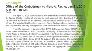 Case Digest
Office of the Ombudsman vs Nieto A. Racho, Jan 31, 2011
G.R. No. 185685
Facts
The April 1, 2005 Joint Order of...