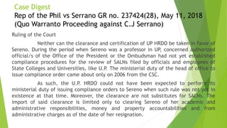 Case Digest
Rep of the Phil vs Serrano GR no. 237424(28), May 11, 2018
(Quo Warranto Proceeding against C.J Serrano)
Rulin...