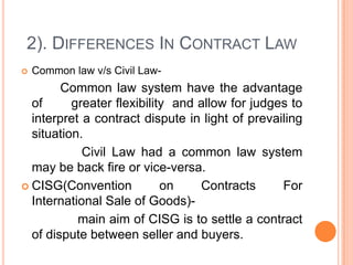 2). DIFFERENCES IN CONTRACT LAW
   Common law v/s Civil Law-
        Common law system have the advantage
  of      greater flexibility and allow for judges to
  interpret a contract dispute in light of prevailing
  situation.
            Civil Law had a common law system
  may be back fire or vice-versa.
 CISG(Convention           on    Contracts      For
  International Sale of Goods)-
           main aim of CISG is to settle a contract
  of dispute between seller and buyers.
 