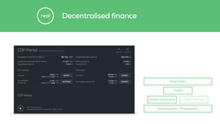 Decentralised financereal
Smart Contracts Token > Money
Immutability + Traceability
Public
Incentives
 